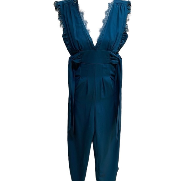 Francesca’s Teal Blue Mira Eyelash Lace Plunge Neckline Wide Leg Jumpsuit Sz XS - Picture 9 of 15
